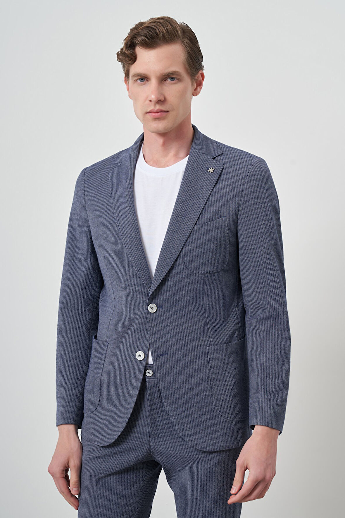  Erkek Lacivert Poliviskon Trend Çizgili Slim Fit Mono Yaka Takım Elbise