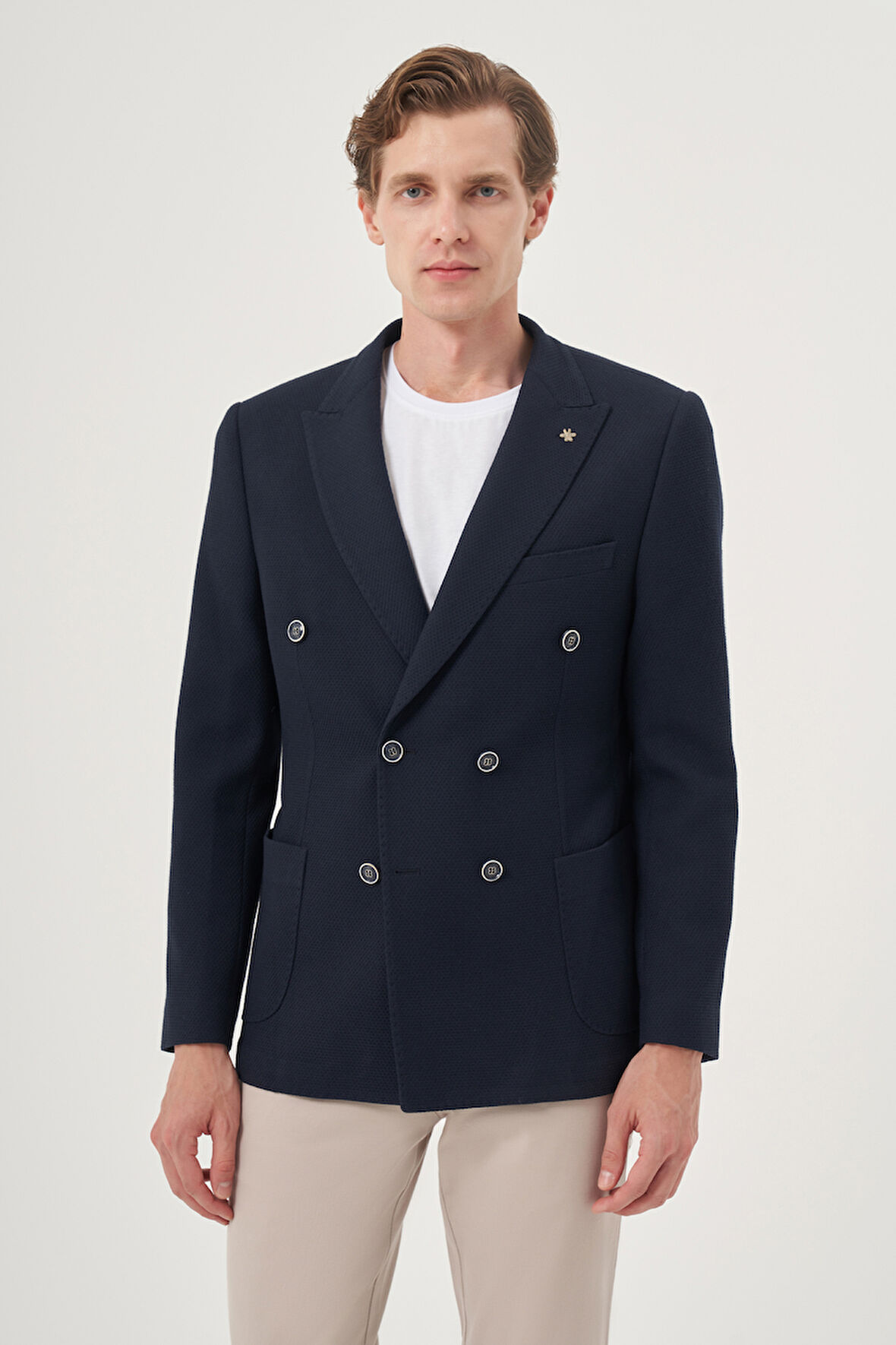  Erkek Lacivert Poliviskon Kruvaze Desenli Slim Fit Sivri Yaka Ceket