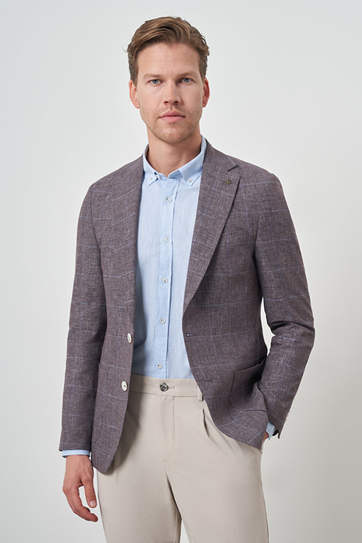 Erkek KAHVE Keten Ekoseli Slim Fit Mono Yaka Ceket