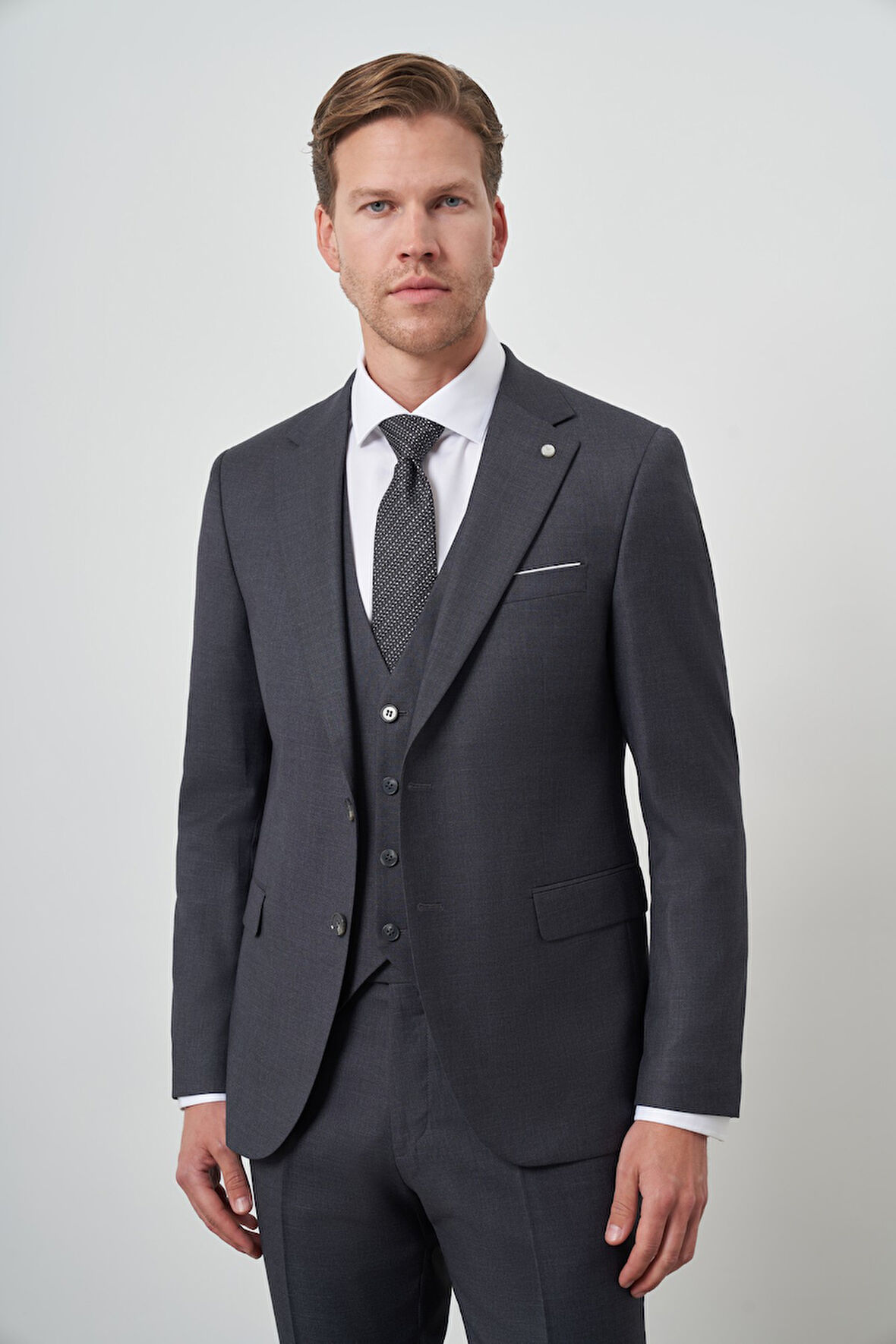  Erkek Füme Poliviskon Slim Fit Yelekli Mono Yaka Takım Elbise