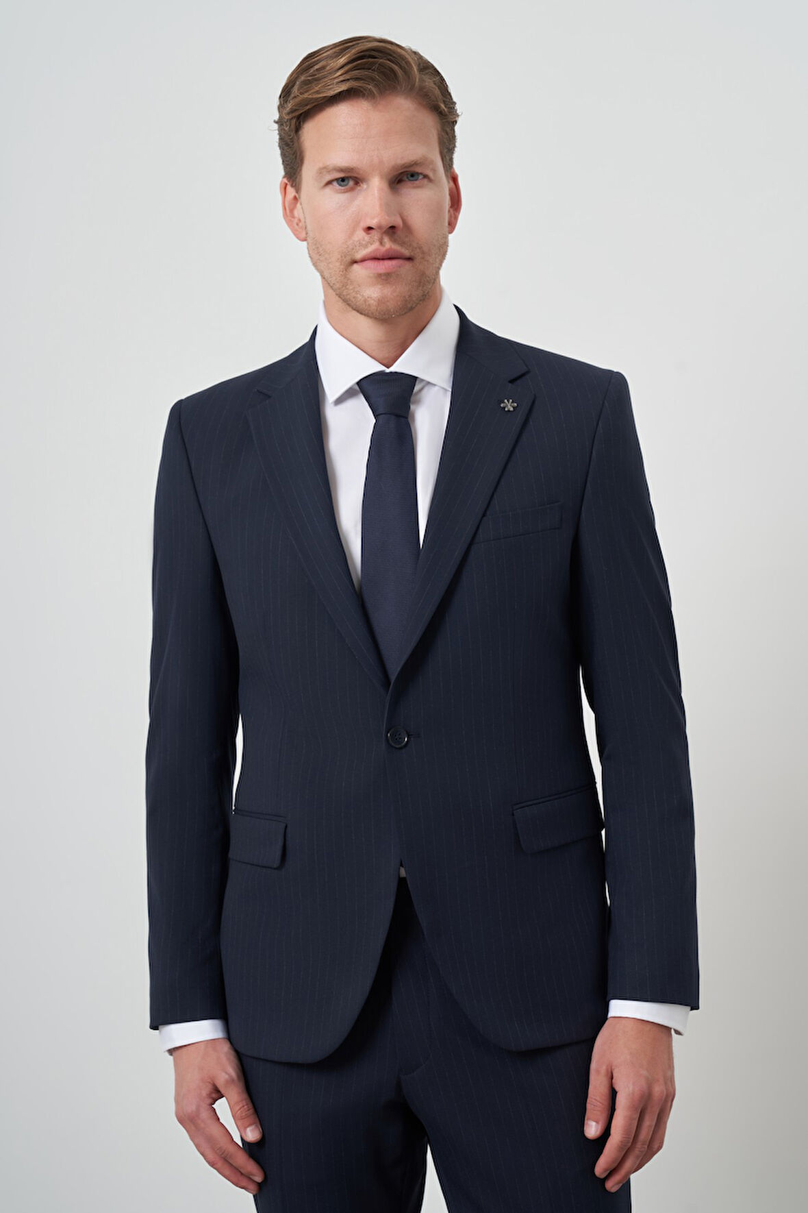  Erkek Lacivert Poliviskon Çizgili Slim Fit Mono Yaka Takım Elbise