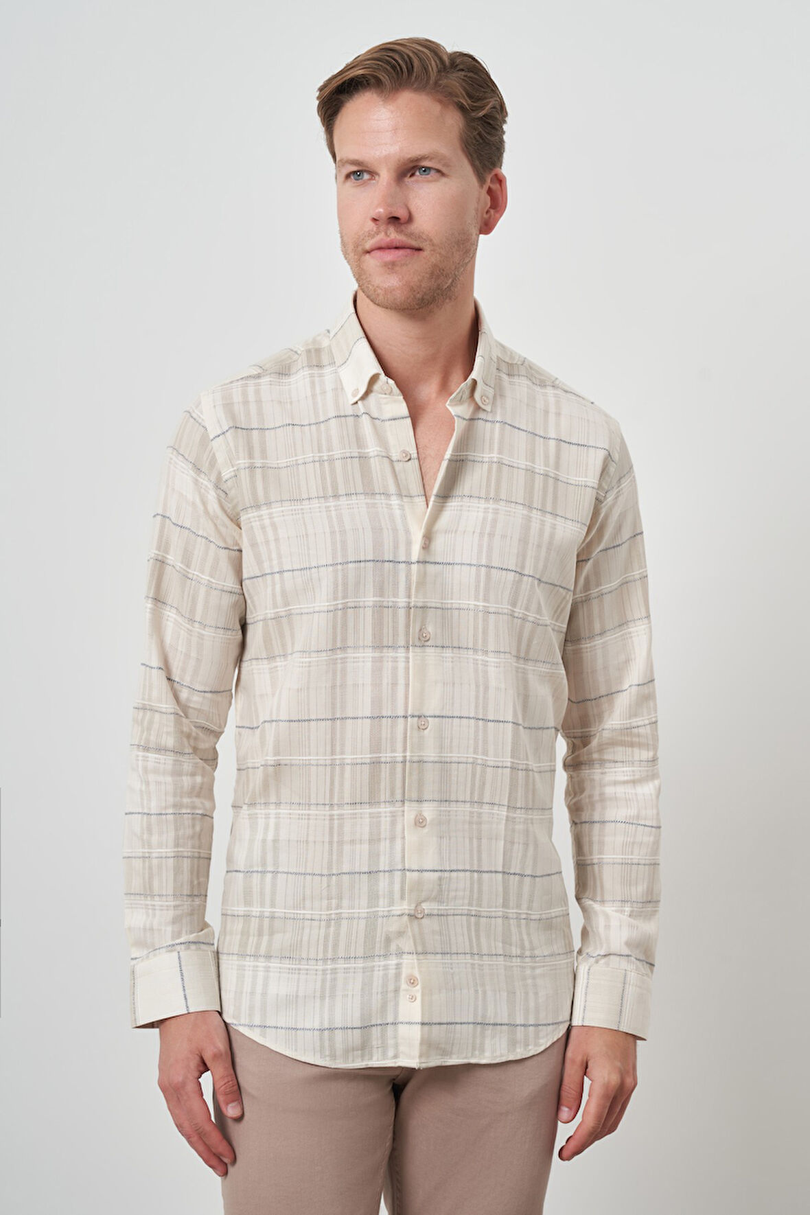  Erkek Bej Pamuk Trend Panolu  Dynamic Fit Gömlek