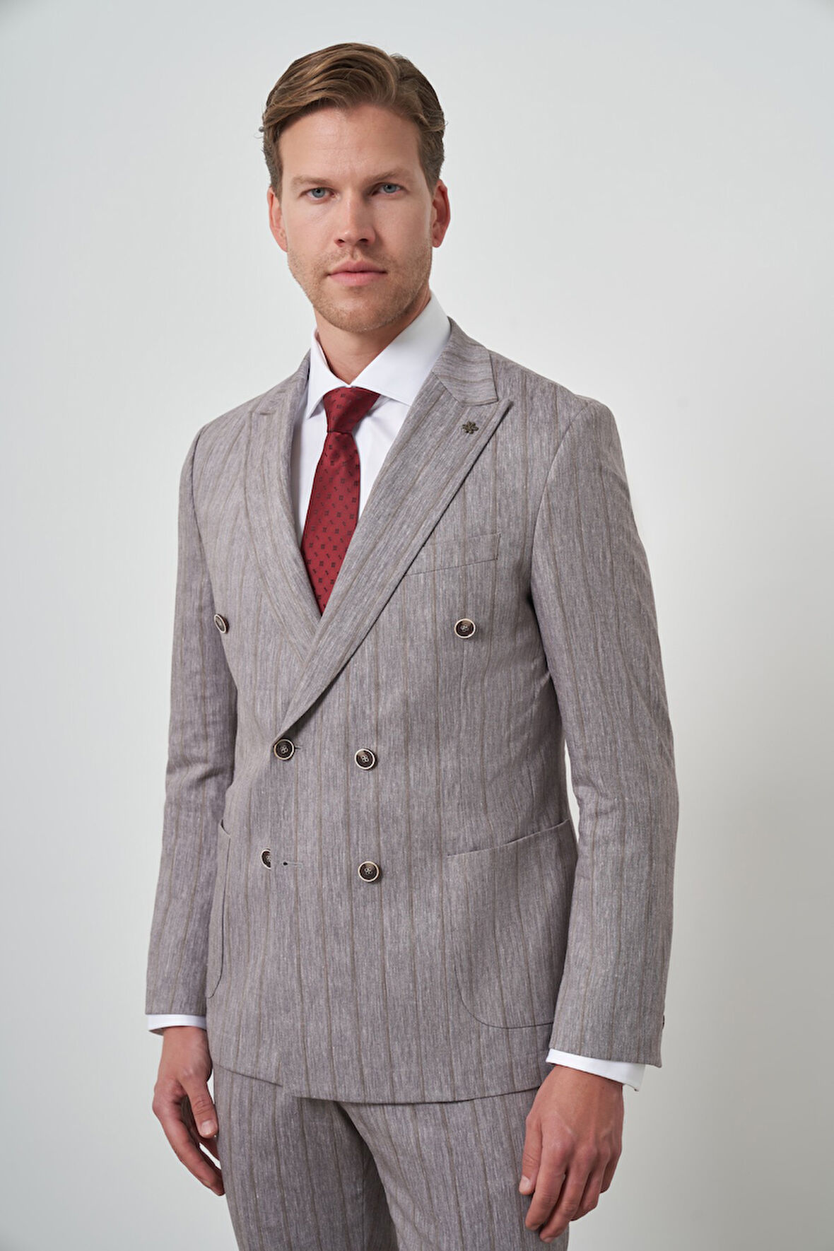  Erkek Vizon Tend Keten Kruvaze Slim  Fit Sivri Yaka Takım Elbise