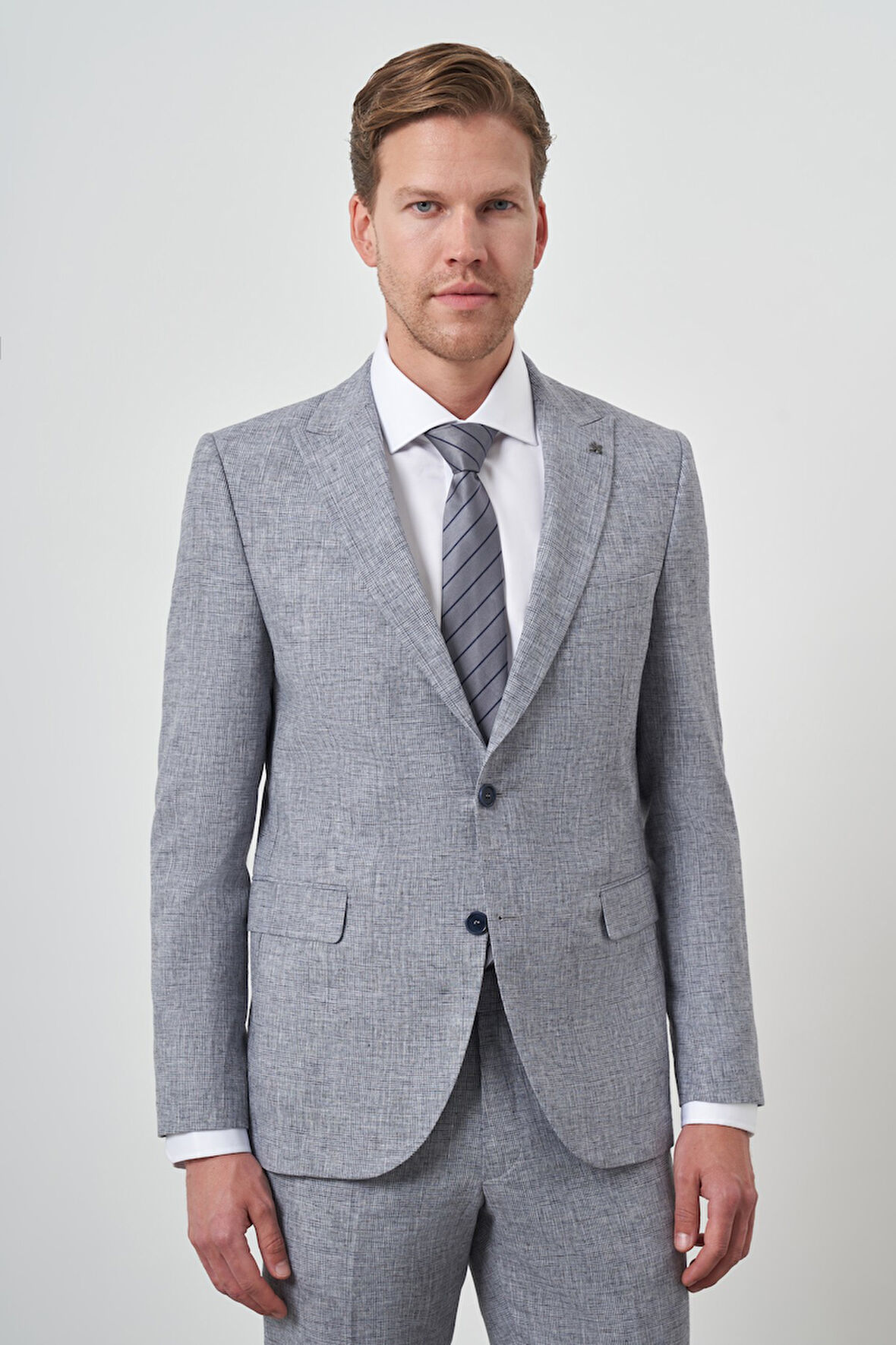  Erkek Mavi Tend Keten Slim  Fit Sivri Yaka Takım Elbise