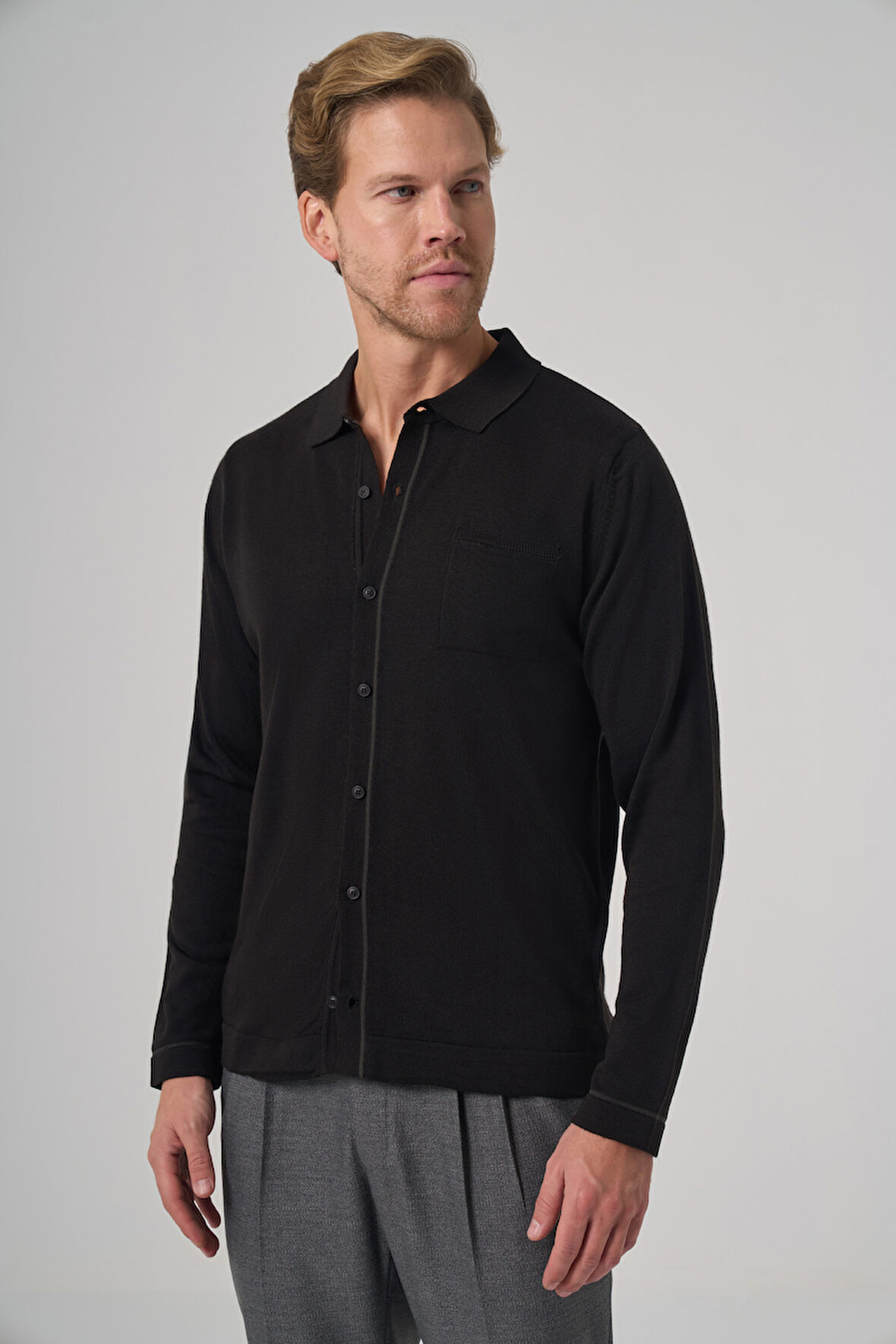  Erkek Siyah Trend Polo Yaka Gömlek Triko