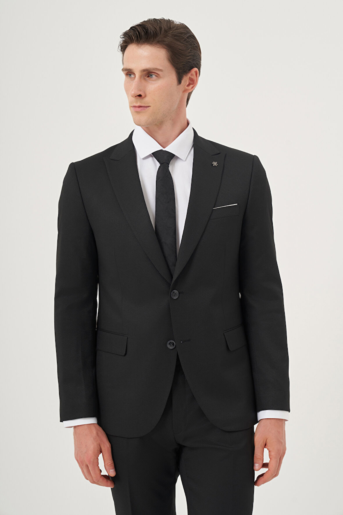  Erkek Siyah Poliviskon Basic Jakarlı Slim Fit Sivri Yaka Takım Elbise