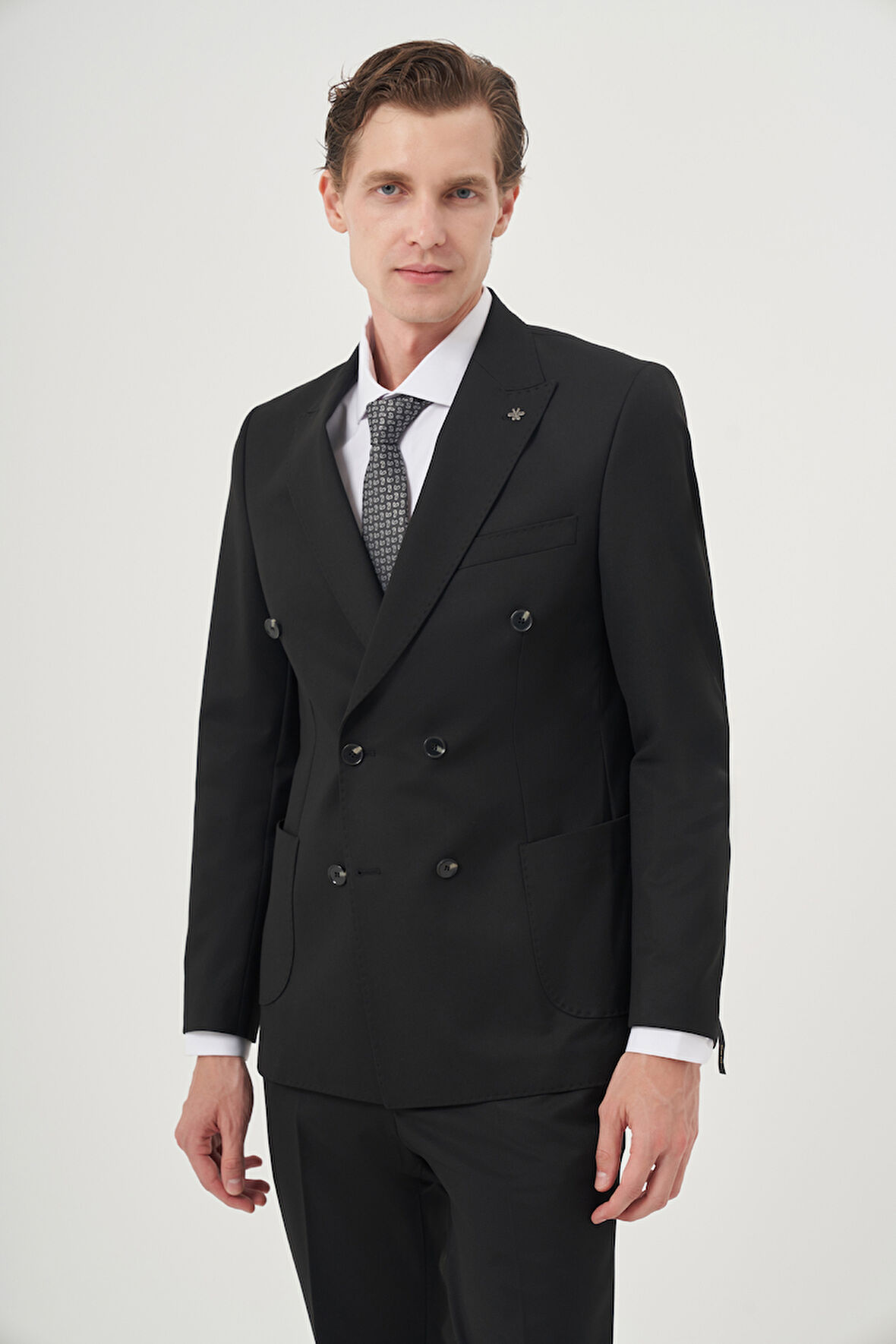  Erkek Siyah Poliviskon Trend Düz Slim Fit Sivri Yaka Kruvaze Takım Elbise