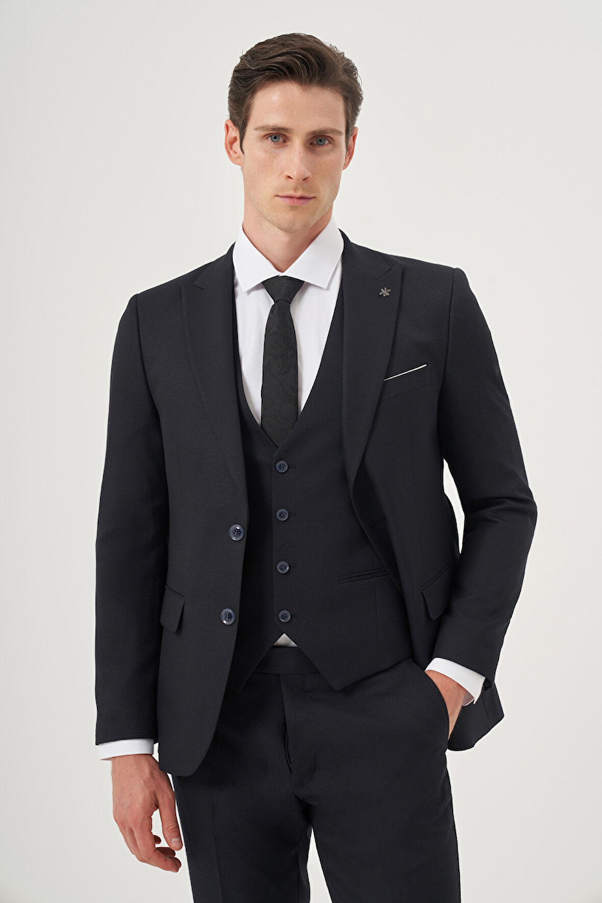  Erkek Lacivert Poliviskon Basic Yelekli Jakarlı Slim Fit Sivri Yaka Takım Elbse