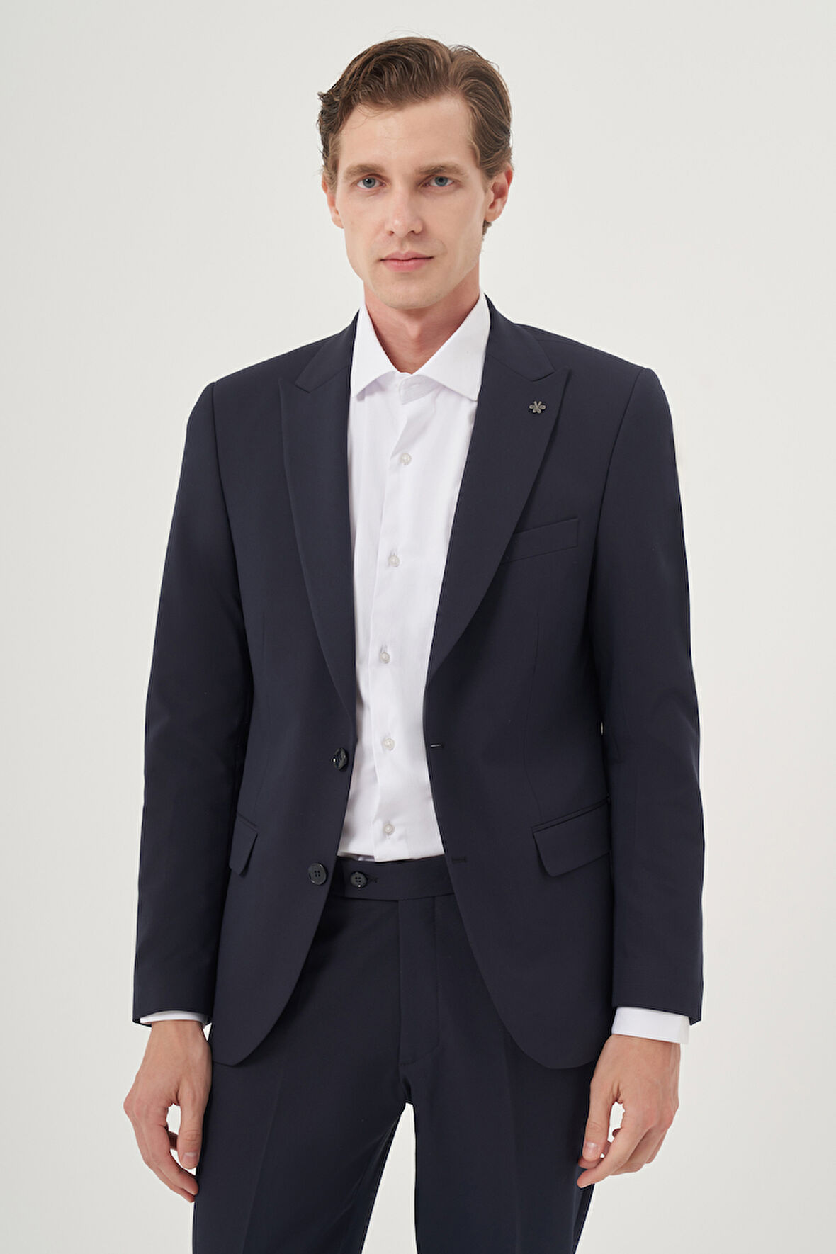  Erkek Lacivert Poliviskon Basic Düz Slim Fit Sivri Yaka Takım Elbise