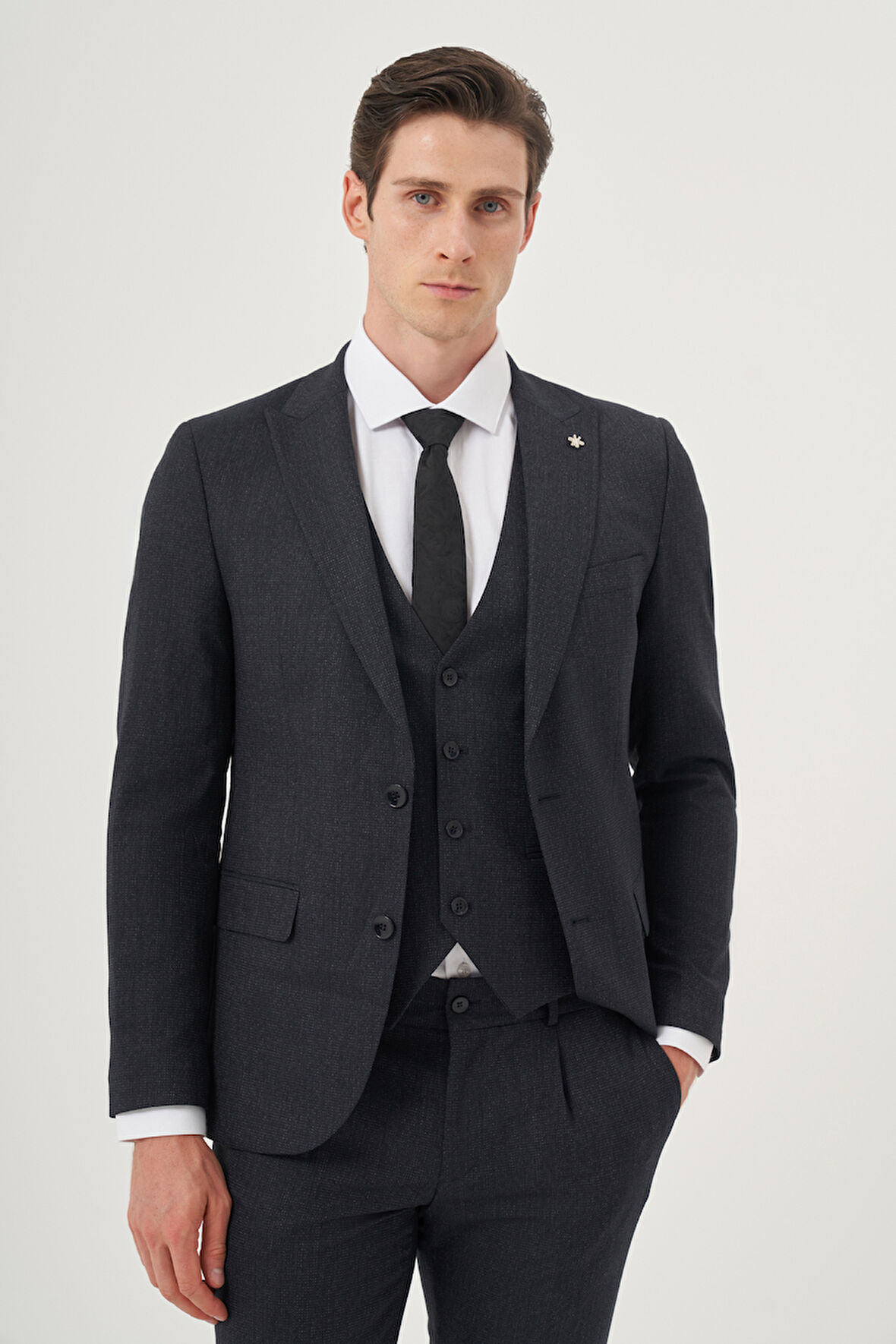  Erkek Lacivert Poliviskon Trend Desenli Slim Fit Sivri Yaka Yelekli Takım Elbise