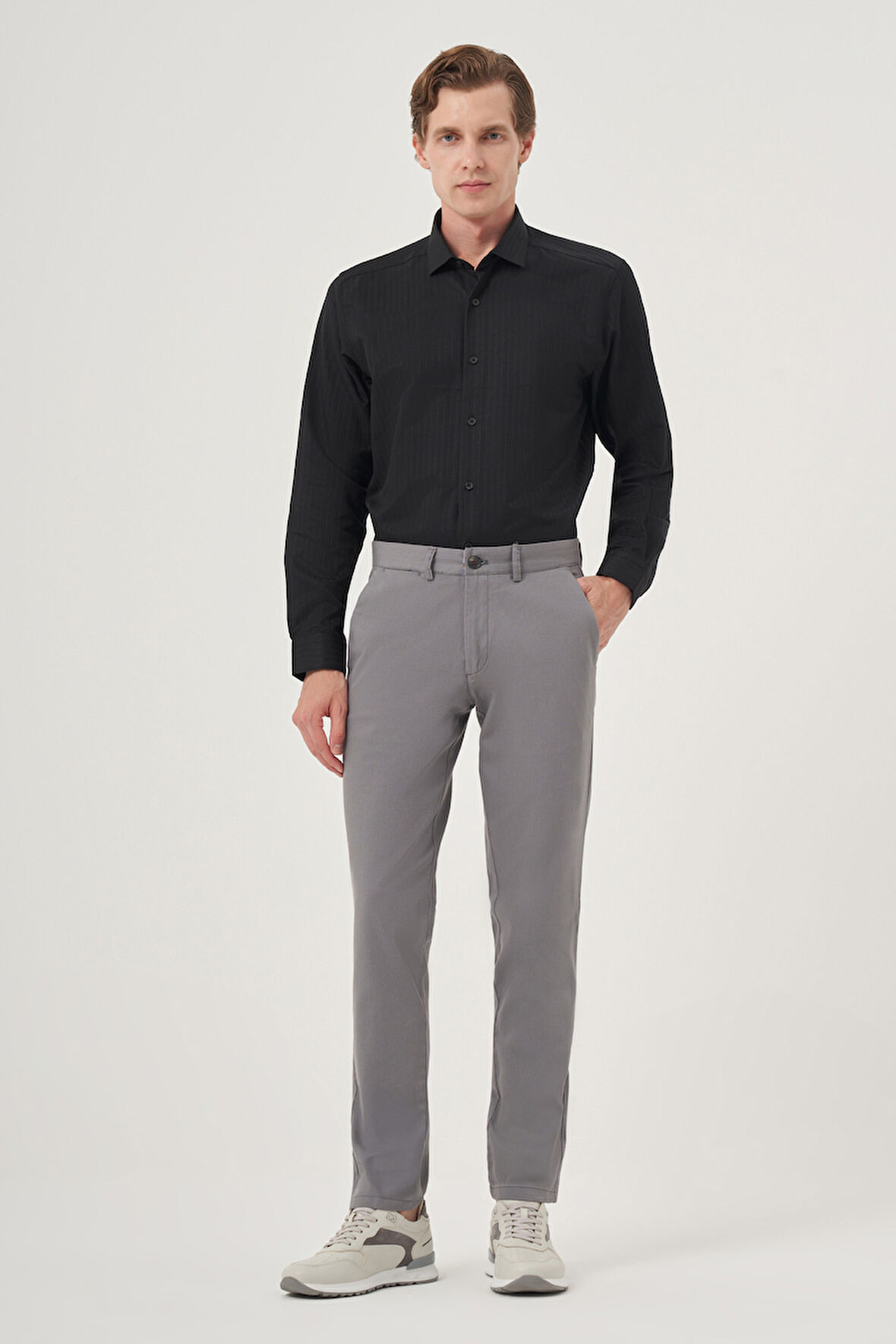  Erkek Gri İhracat Yazlık Pamuk Yan Cep Slim Fit Chino Pantolon