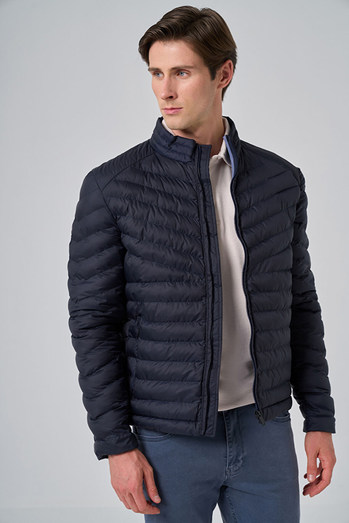  Erkek Lacivert Polyester Kısa Kapitone Mont