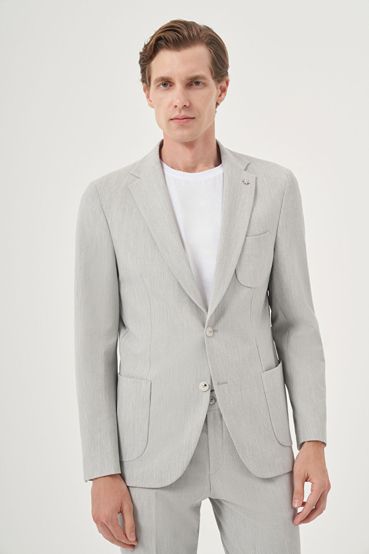  Erkek Gri Poliviskon Trend Çizgili Slim Fit Mono Yaka Takım Elbise