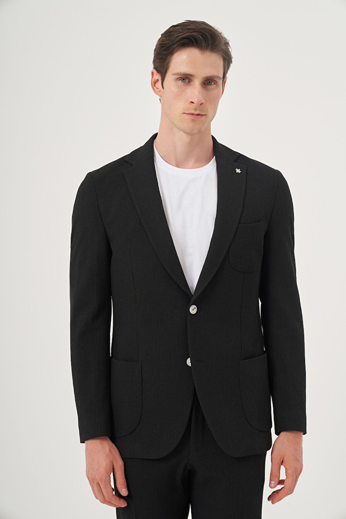 Erkek Siyah Poliviskon Trend Çizgili Slim Fit Mono Yaka Takım Elbise