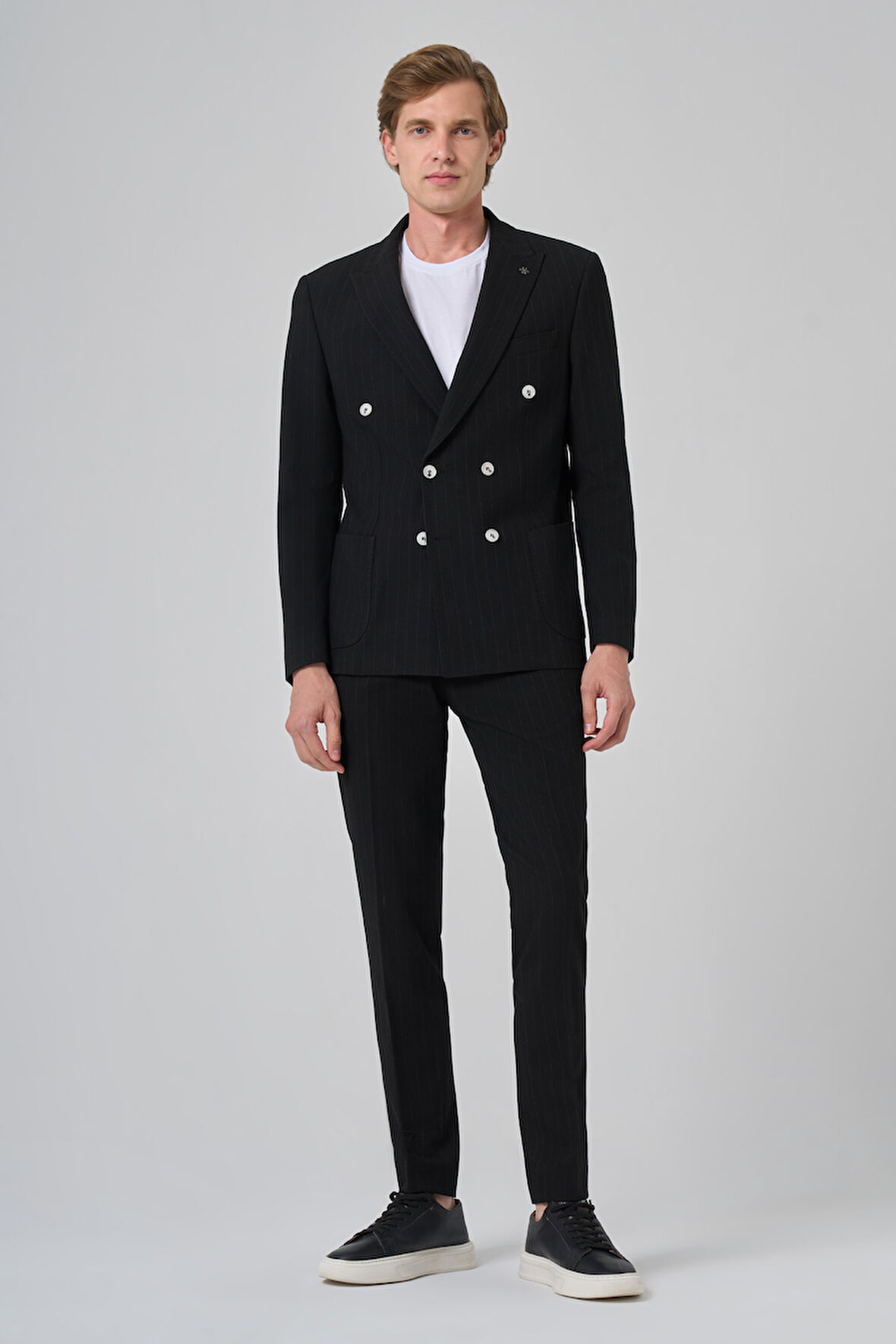  Erkek Siyah Poliviskon Trend Çizgili Slim Fit Sivri Yaka Kruvaze Takım Elbise