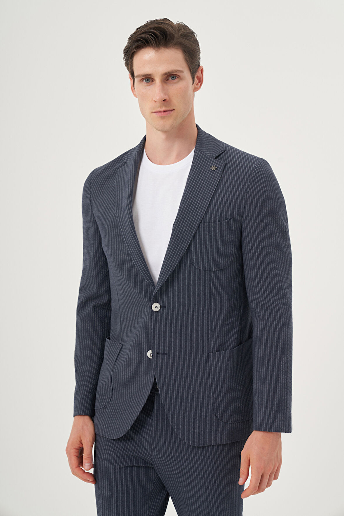  Erkek Lacivert Poliviskon Trend Çizgili Slim Fit Mono Yaka Takım Elbise