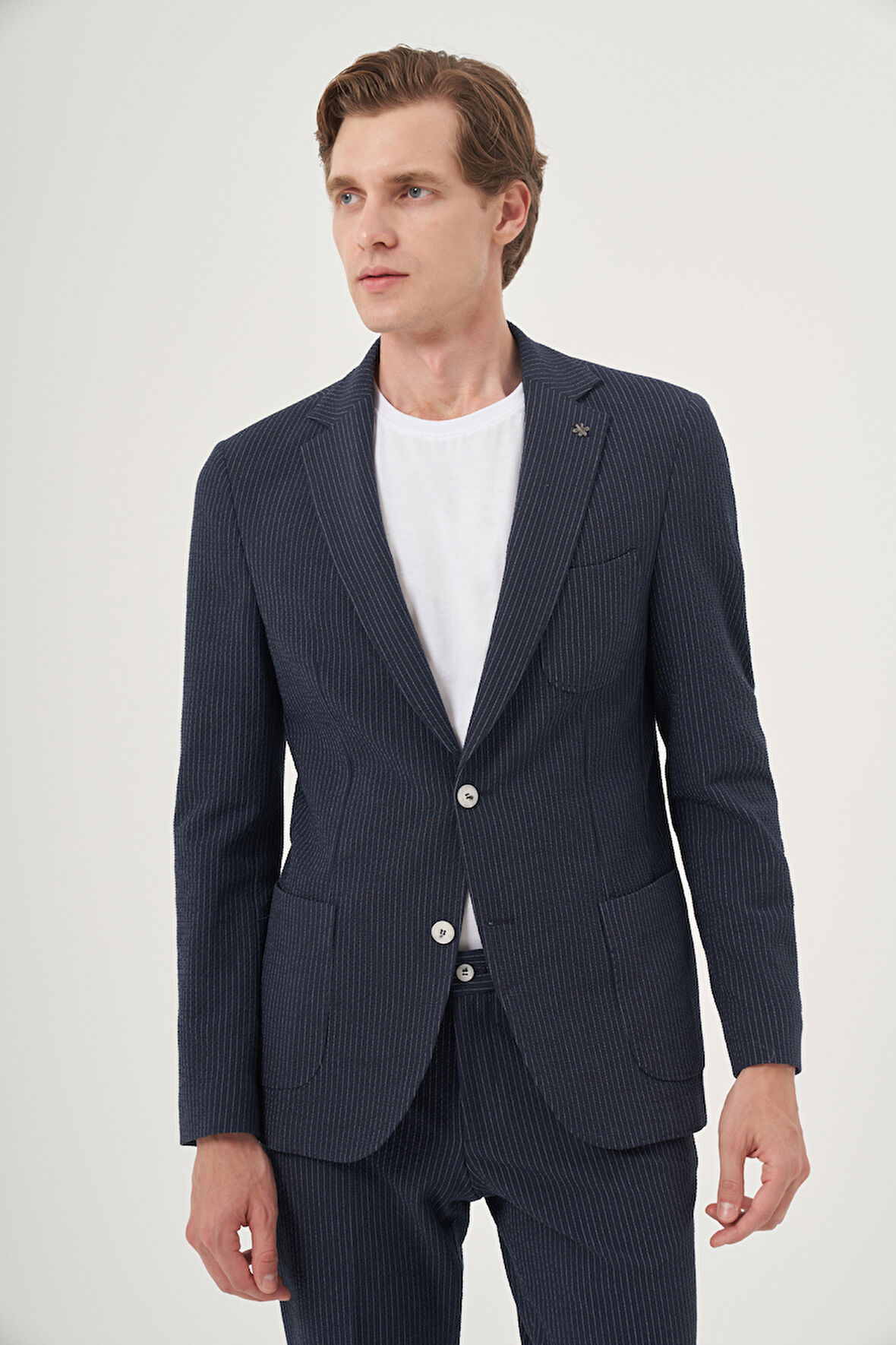  Erkek İndigo Poliviskon Trend Çizgili Slim Fit Mono Yaka Takım Elbise