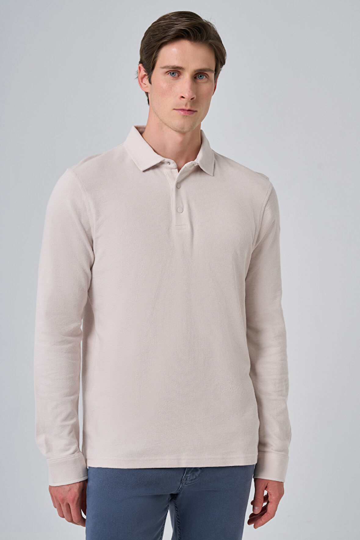  Erkek Gri Pamuk Trend Ağaç Kabuğu Desen Dinamik Fit Polo Yaka Sweat-Shirt