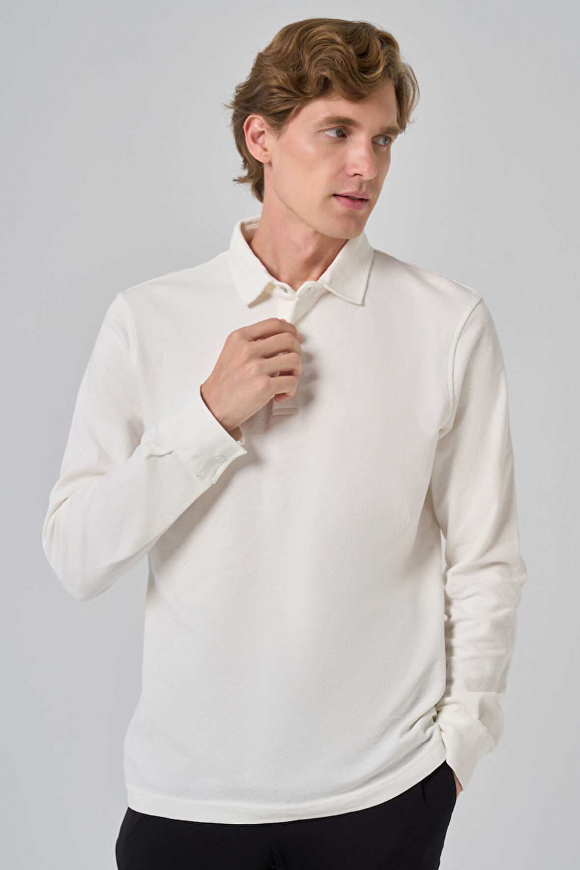  Erkek Ekru Pamuk Trend Ağaç Kabuğu Desen Dinamik Fit Polo Yaka Sweat-Shirt