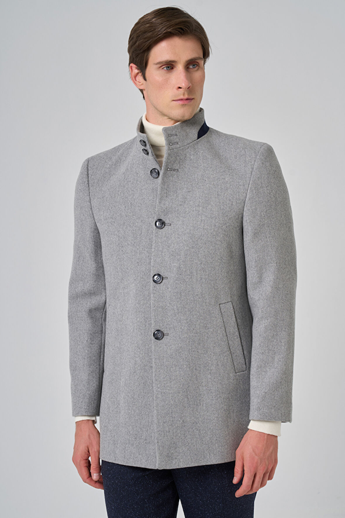  Erkek Gri Yünlü Düz Dynamic Fit Hakim Yaka Kaban