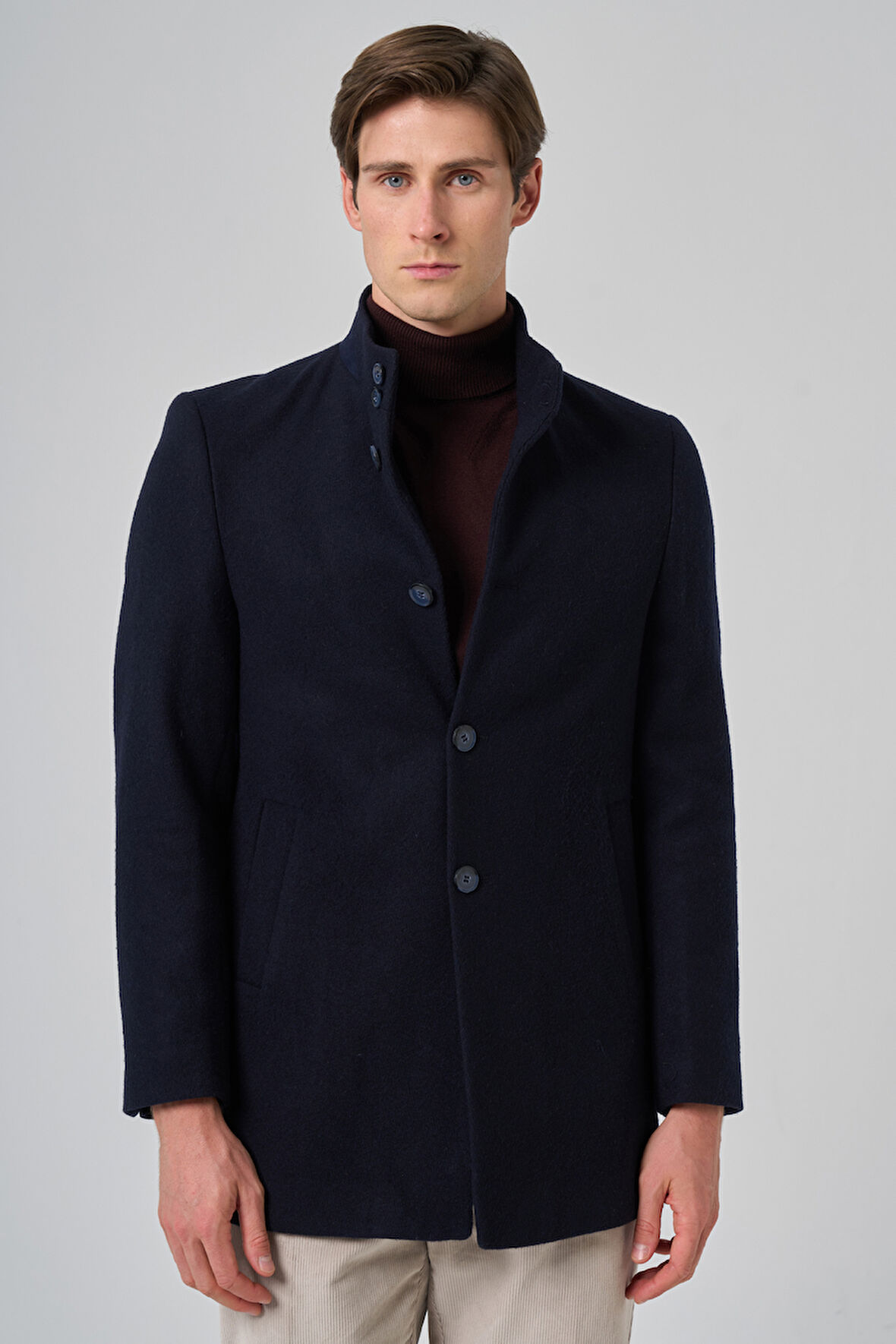  Erkek Lacivert Yünlü Düz Dynamic Fit Hakim Yaka Kaban