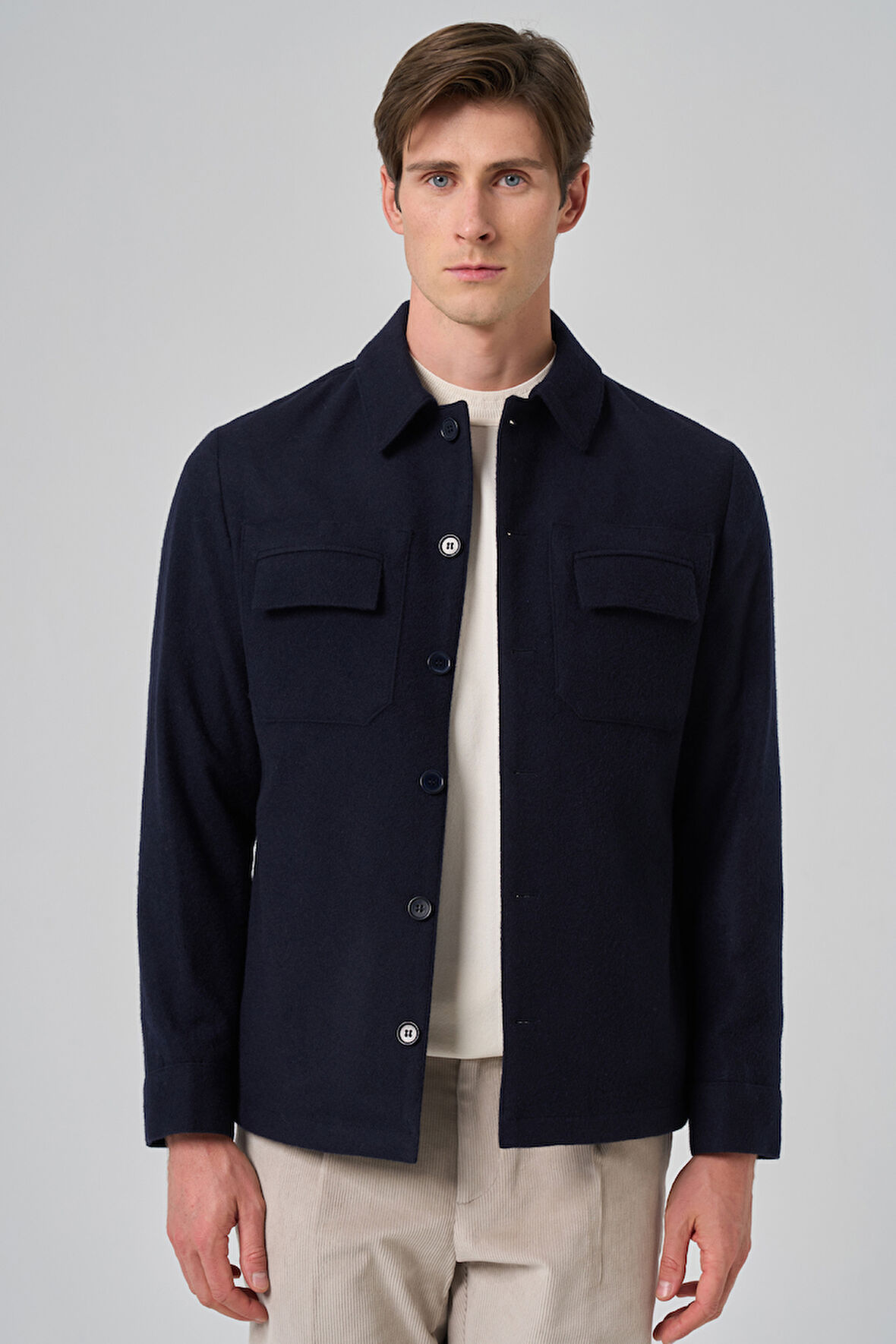 Erkek Lacivert Yünlü Berberi Yaka Çift Kapak Cepli Gömlek Ceket