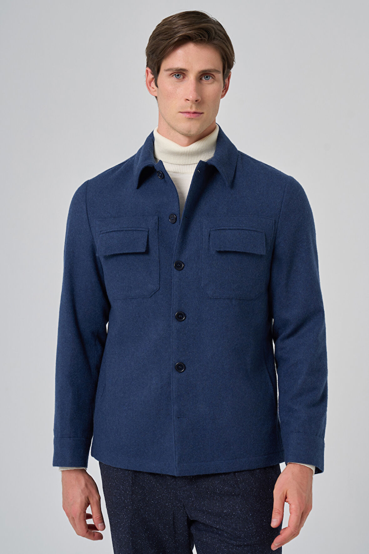 Erkek İndigo Yünlü Berberi Yaka Çift Kapak Cepli Gömlek Ceket