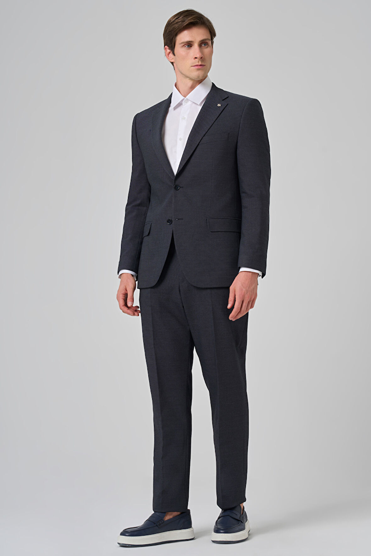  Erkek Lacivert Yünlü Trend Desenli Dynamic Fit Mono Yaka Takım Elbise