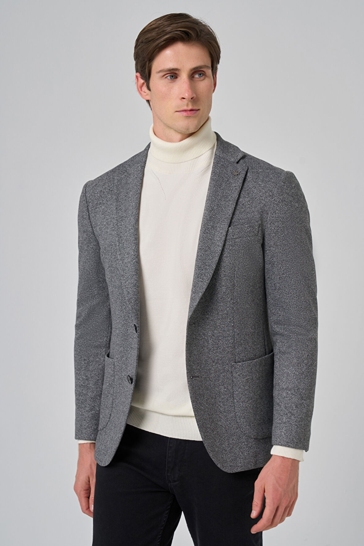 Erkek Füme Örme Trend Desenli Slim Fit Mono Yaka Ceket