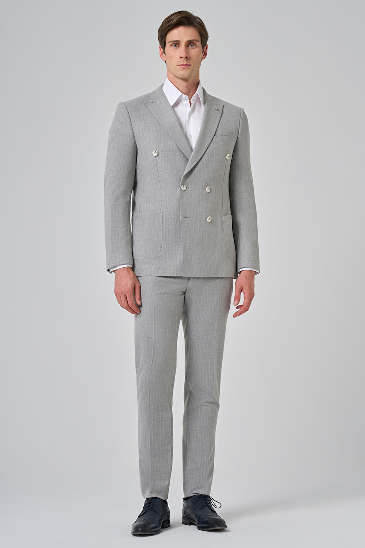  Erkek Gri Poliviskon Trend Çizgili Slim Fit Sivri Yaka Kruvaze Takım Elbise