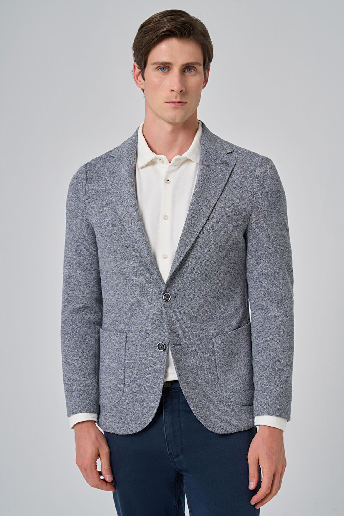  Erkek Lacivert Örme Trend Desenli Slim Fit Mono Yaka Ceket