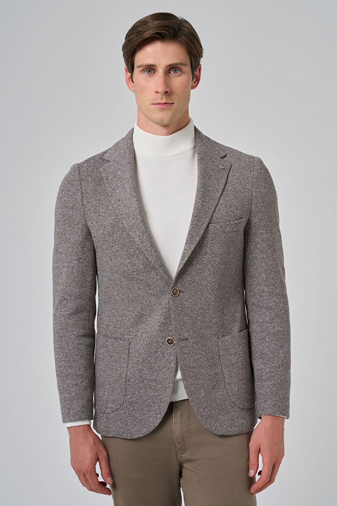  Erkek KAHVE Örme Trend Desenli Slim Fit Mono Yaka Ceket