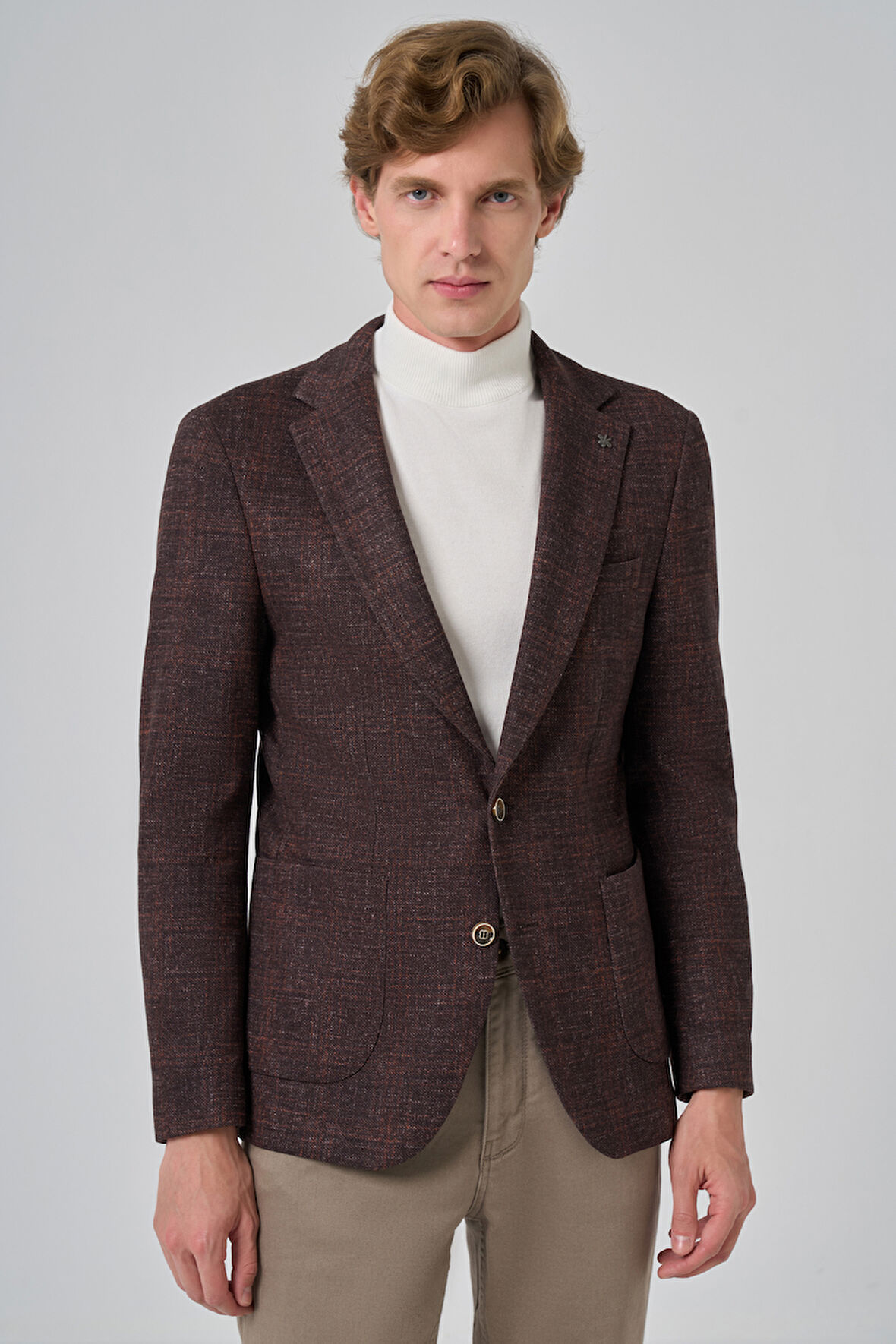  Erkek KAHVE Örme Trend Kareli Slim Fit Mono Yaka Ceket