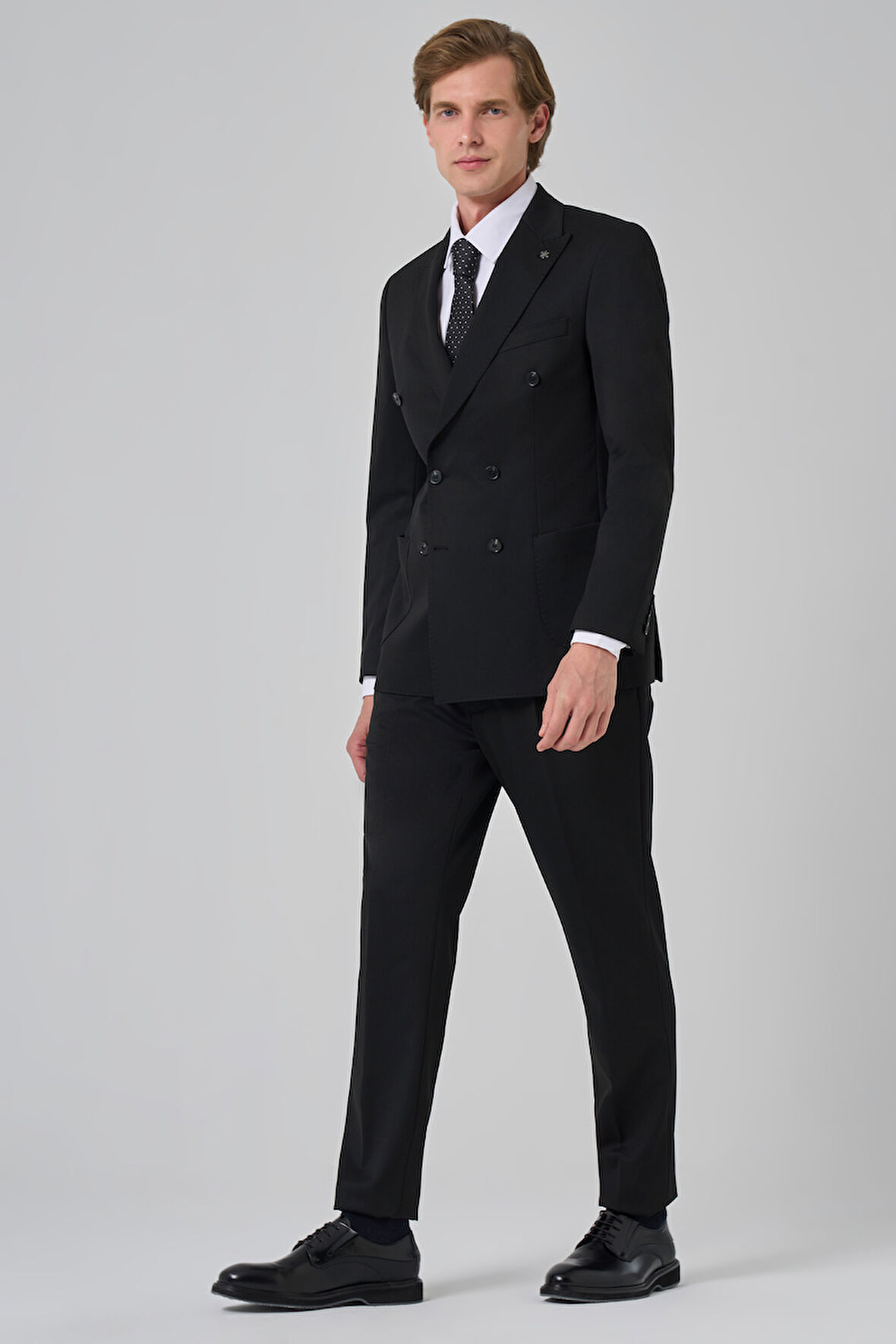  Erkek Siyah Poliviskon Trend Düz Desen Slim Fit Sivri Yaka Kruvaze Takım Elbise