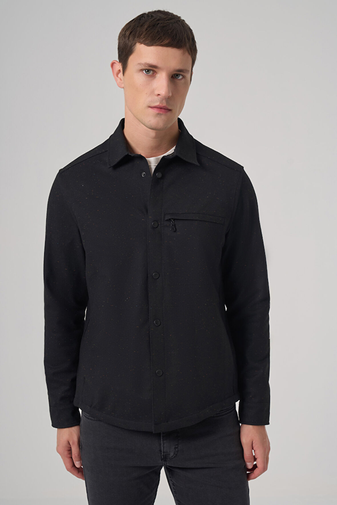  Erkek Siyah Poliviskon Trend Düz Dynamic Fit Worker Gömlek Ceket