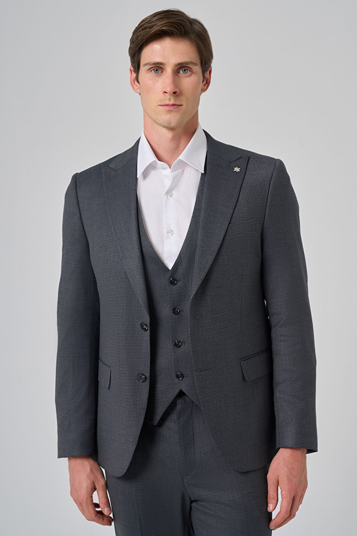  Erkek Antrasit Poliviskon Yelekli Trend Desenli Slim Fit Sivri Yaka Takım Elbise