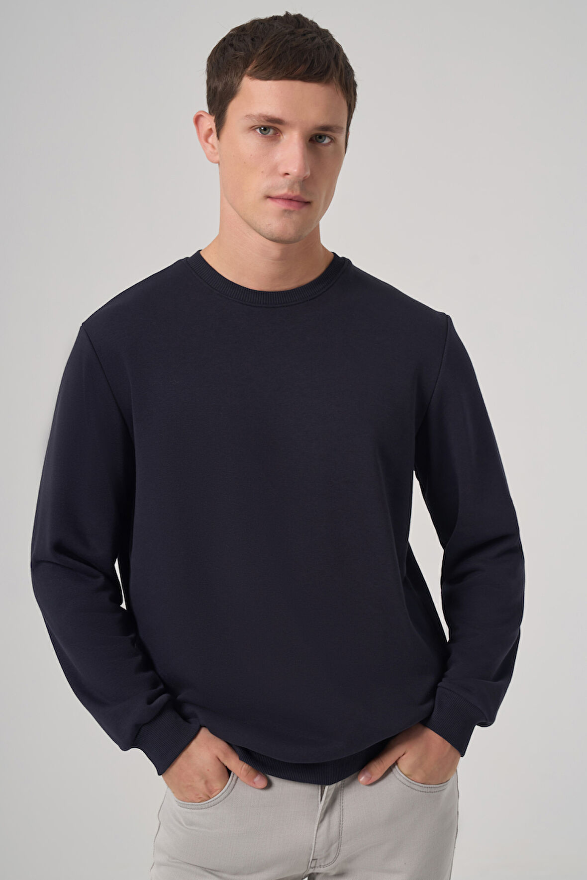 Erkek Lacivert Basic Bisiklet Yaka Sweatshirt