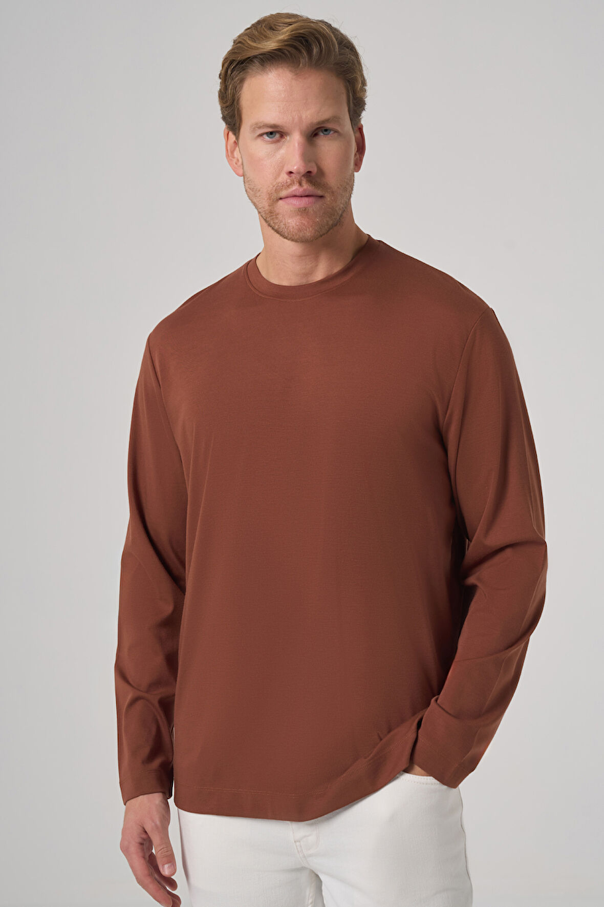  Erkek Kiremit Trend Bisiklet Yaka Rayon Sweatshirt