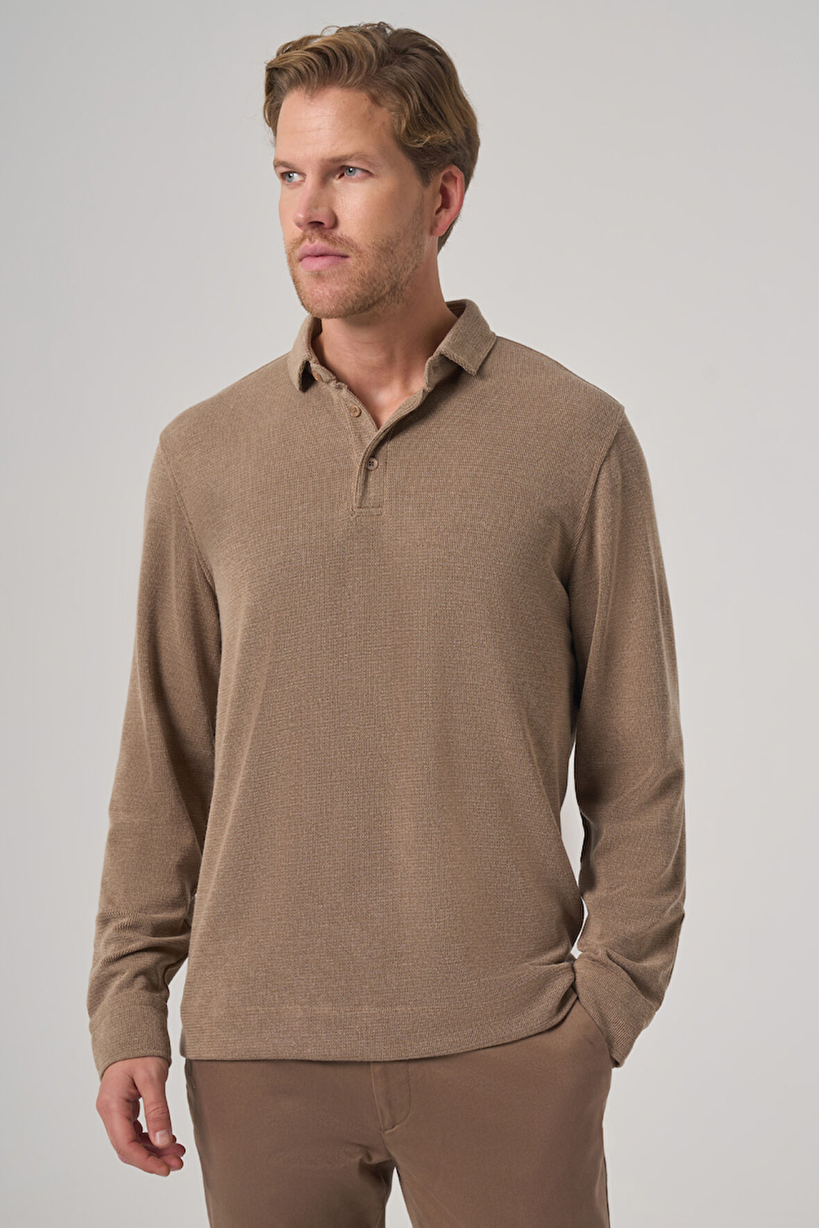  Erkek A-Kahverengi Trend Düğmeli Polo Yaka Sweatshirt