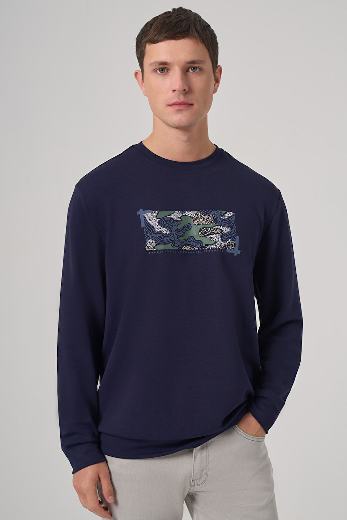  Erkek Lacivert Trend Baskılı Bisiklet Yaka Sweatshirt