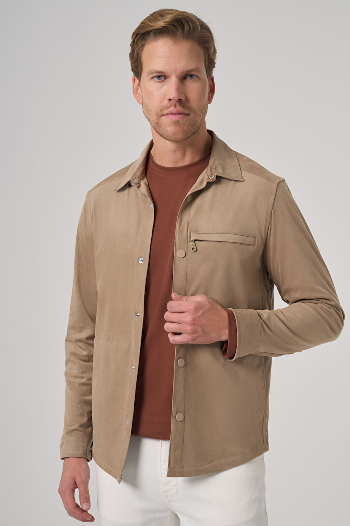  Erkek Vizon Polyester Trend Düz Dynamic Fit Berberi Yaka Gömlek Ceket