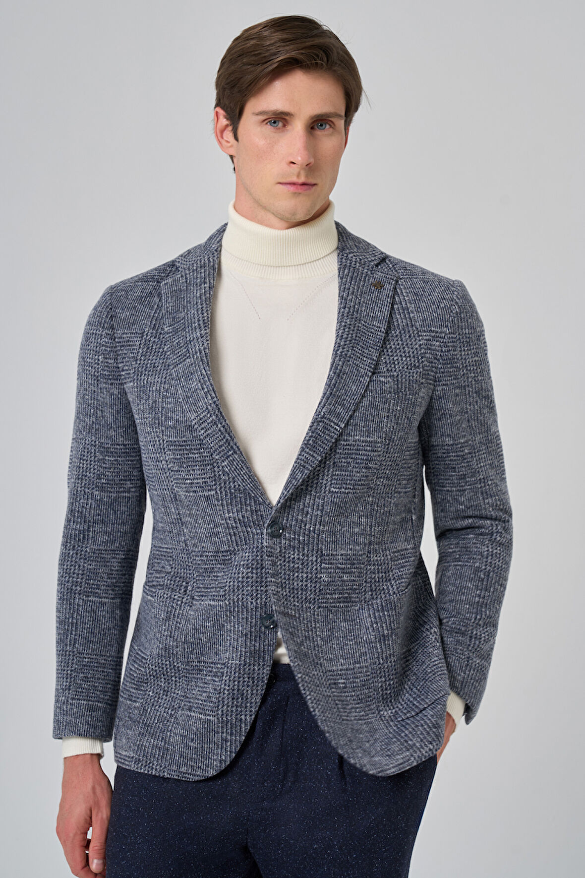 Erkek Marine Örme Trend Ekoseli Slim Fit Mono Yaka Ceket