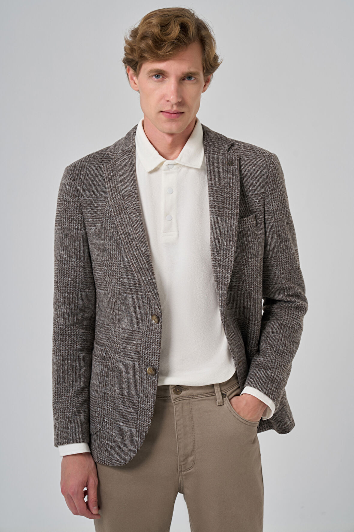 Erkek KAHVE Örme Trend Ekoseli Slim Fit Mono Yaka Ceket