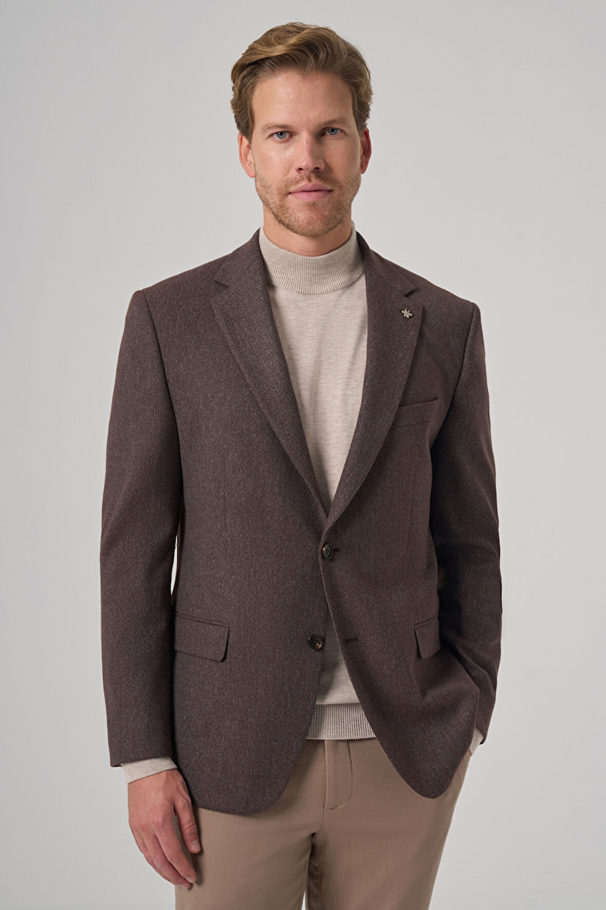  Erkek KAHVE Poliviskon Dokuma Desenli Dynamic Fit Mono Yaka Ceket