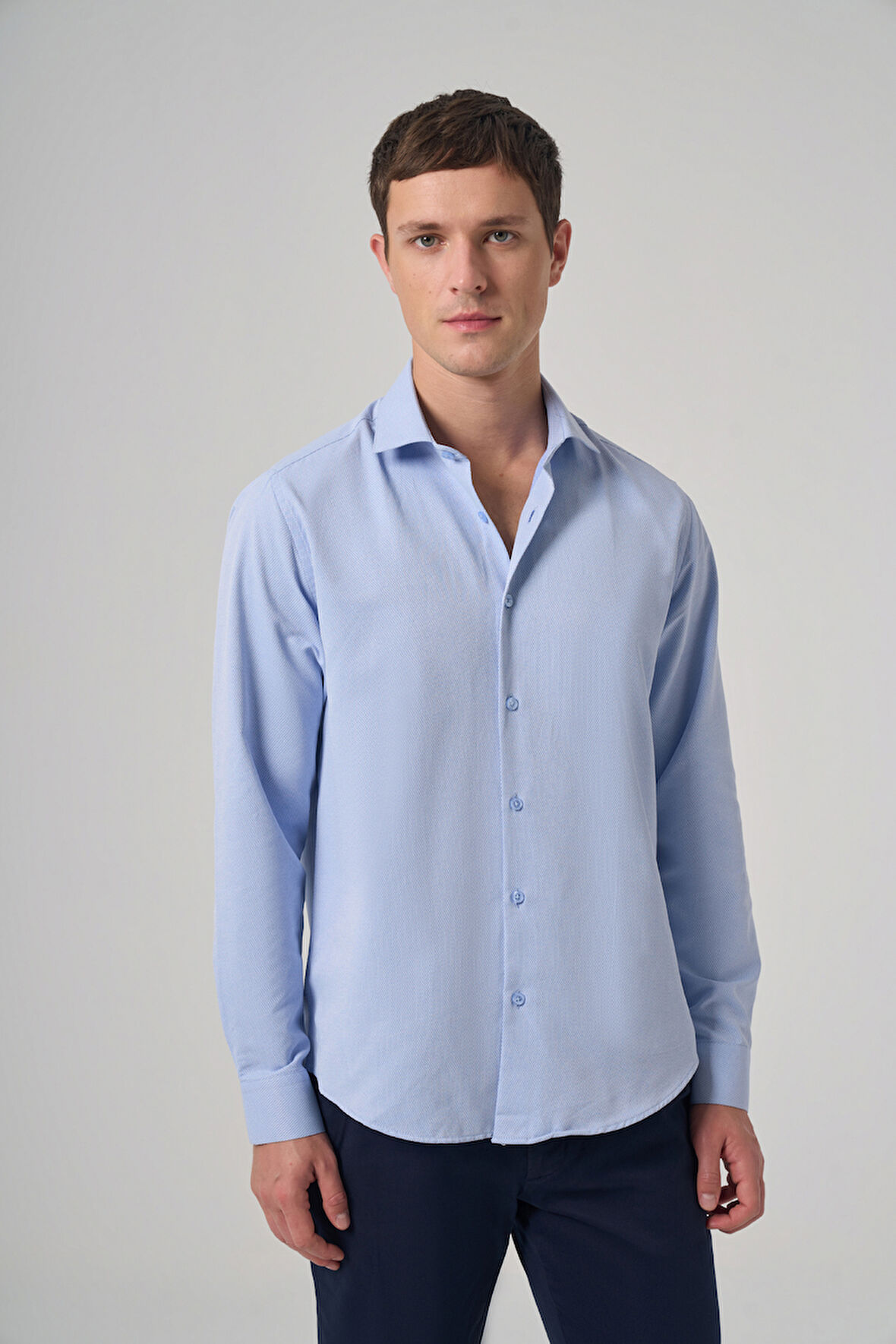  Erkek Mavi Polyester Trend Desenli Dynamic Fit İtalyan Yaka Gömlek