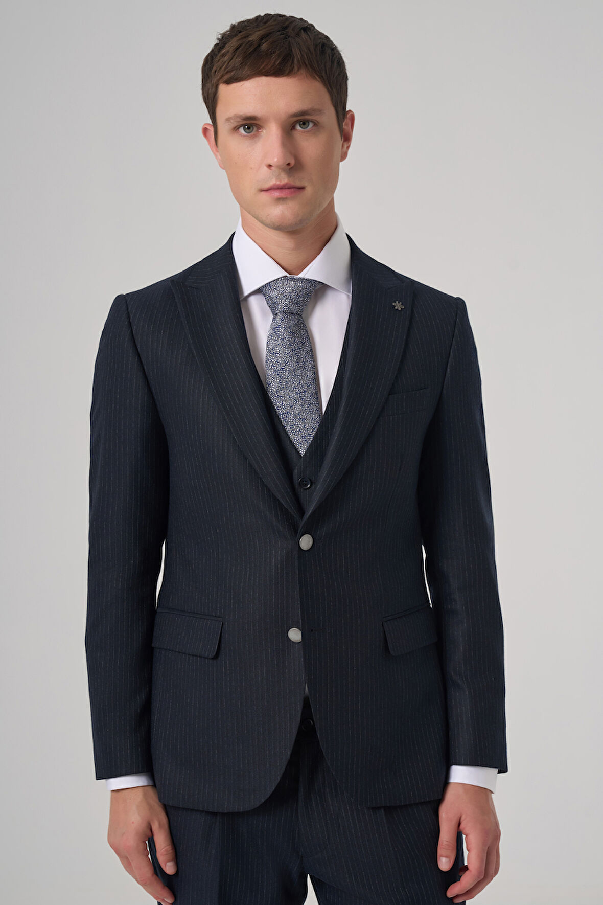  Erkek Lacivert Poliviskon Trend Çizgili Slim Fit Sivri Yaka Yelekli Takım Elbise