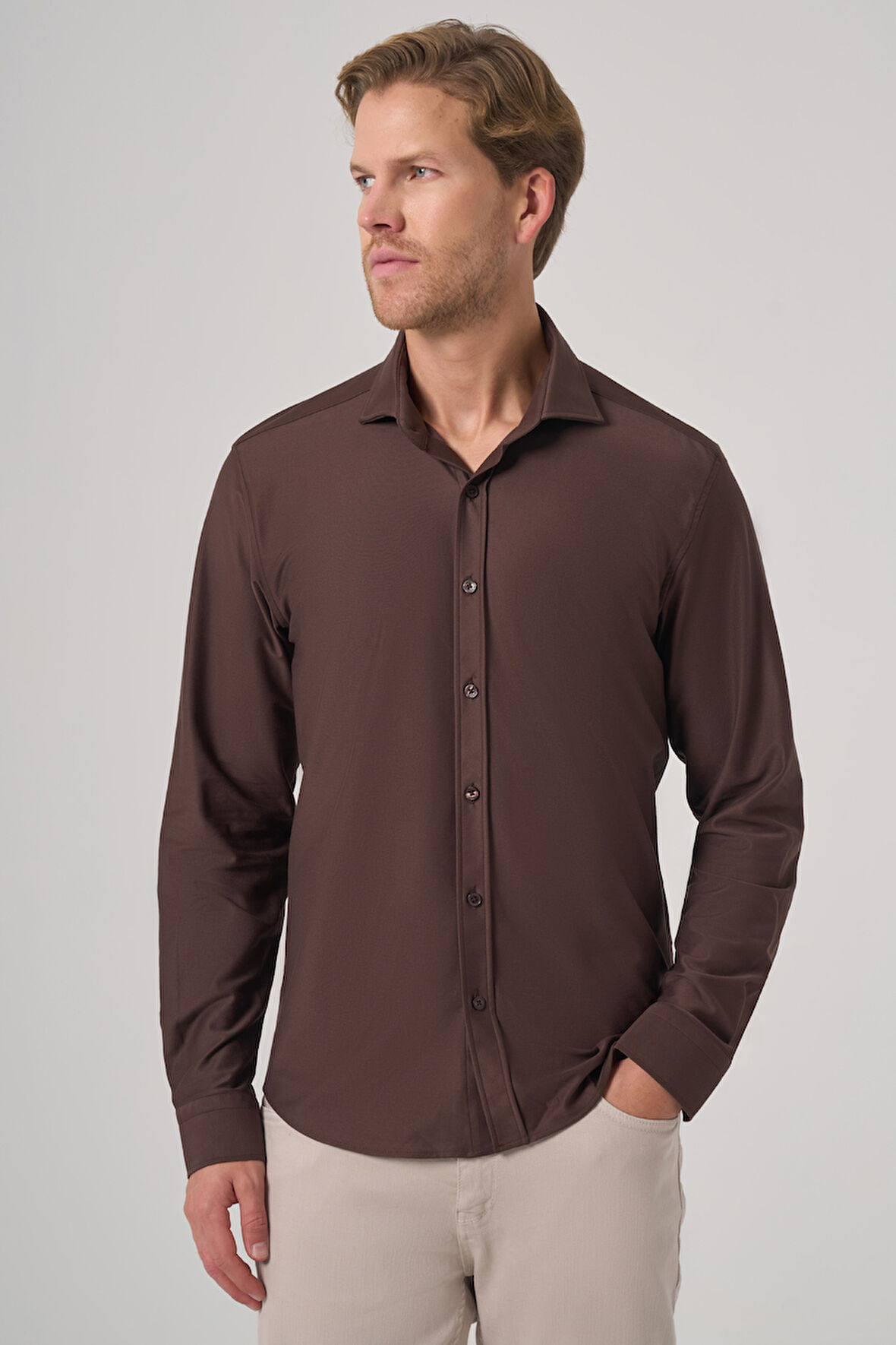  Erkek KAHVE Trend Düz Slim Fit Tam İtalyan Yaka Gömlek