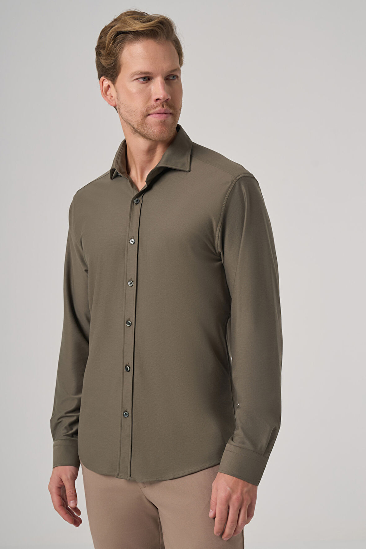  Erkek Haki Trend Düz Slim Fit Tam İtalyan Yaka Gömlek