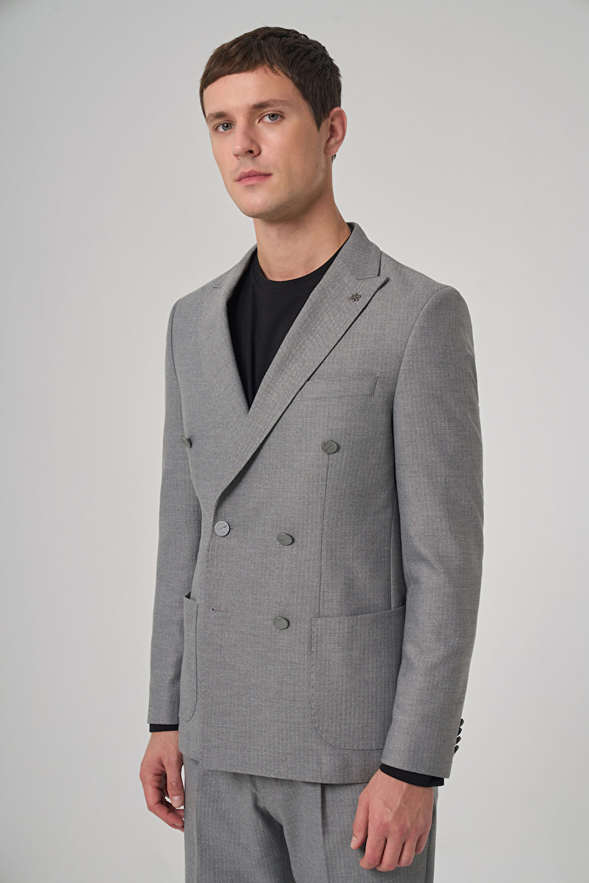  Erkek Gri Poliviskon Trend Desenli Slim Fit Sivri Yaka Takım Elbise