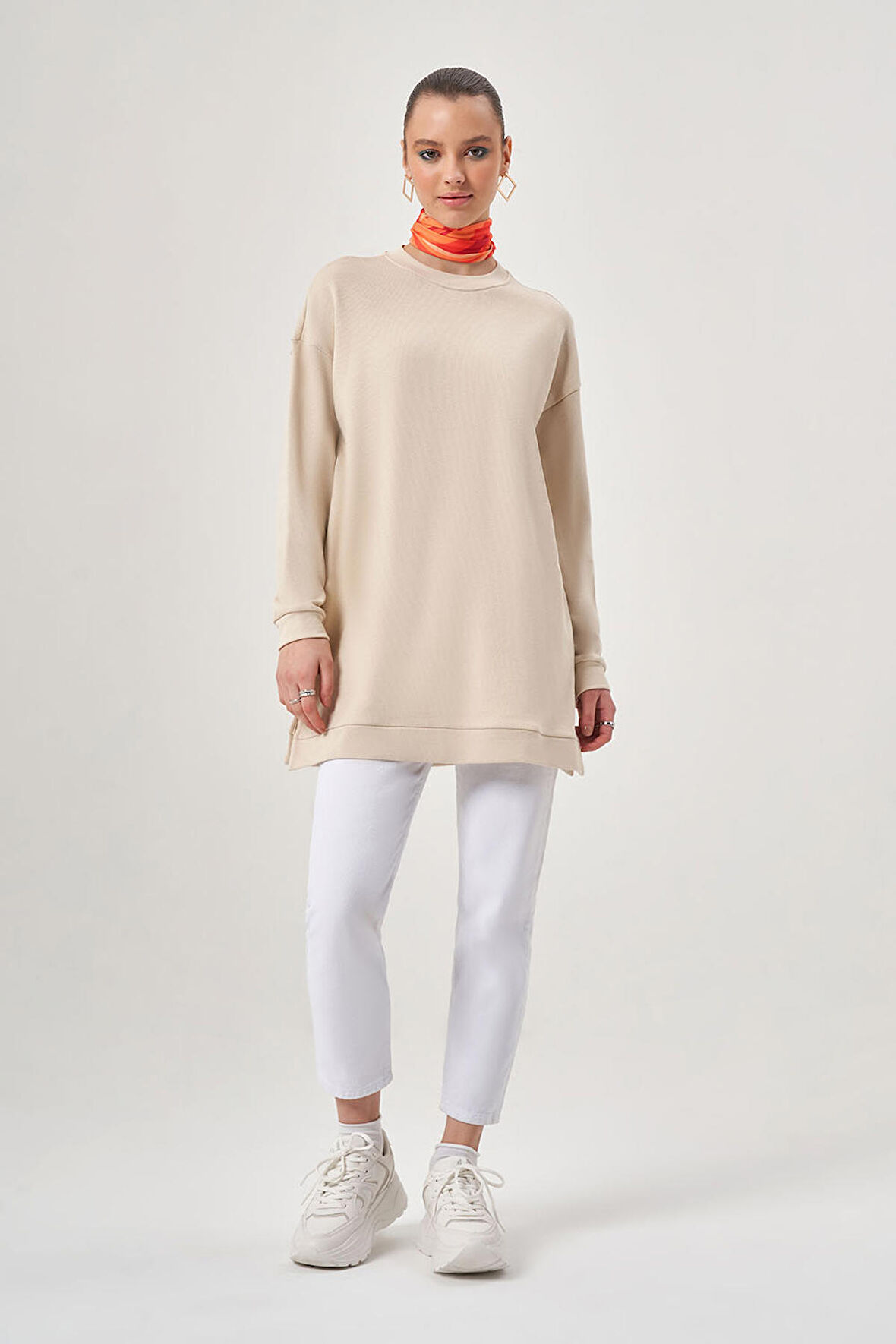 Basic Örme Ekru Sweatshirt